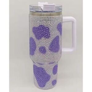 40oz Purple & white Cow Print Rhinestone Tumbler With Lid